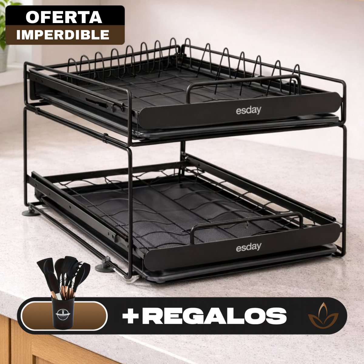 Escurridor de Acero Inoxidable de 2 Niveles con sistema inteligente de drenaje +REGALO: Kit de Utensilios de Cocina